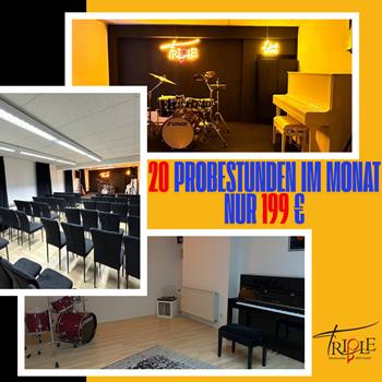 Moderna sala de ensayo con instrumentos y paredes insonorizadas. 20 clases de prueba al mes por sólo 199 euros